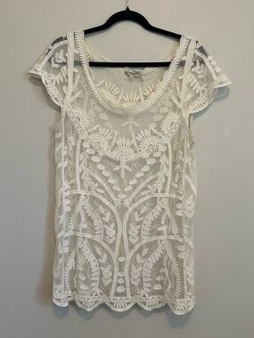 Capri Lace Top Medium Ivory Sheer Embroidered Boho Crochet Festival Blouse